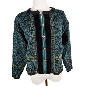 Dale Of Norway Wool Nordic Cardigan Sweater Teal Black Velvet Faire Isle